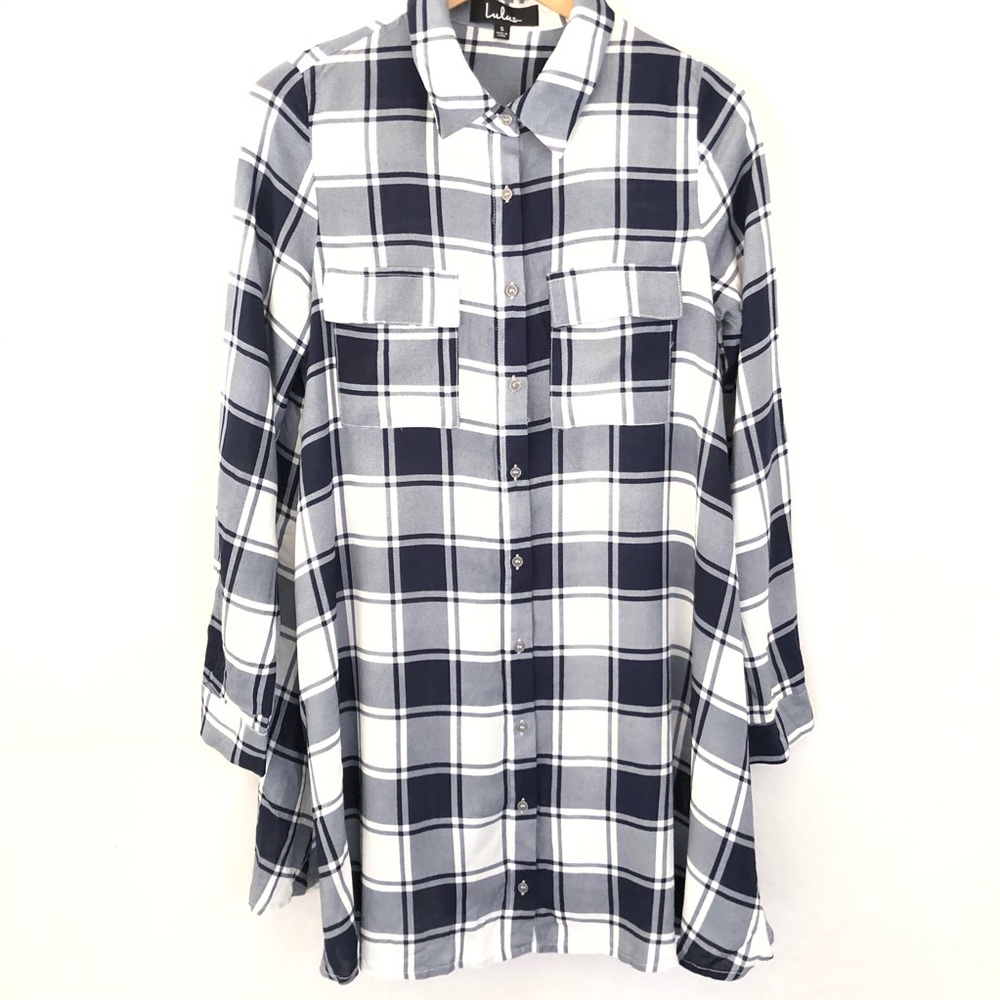 Lulu’s Weekend Game Navy Plaid Shirt Dress S - Picture 4 of 10